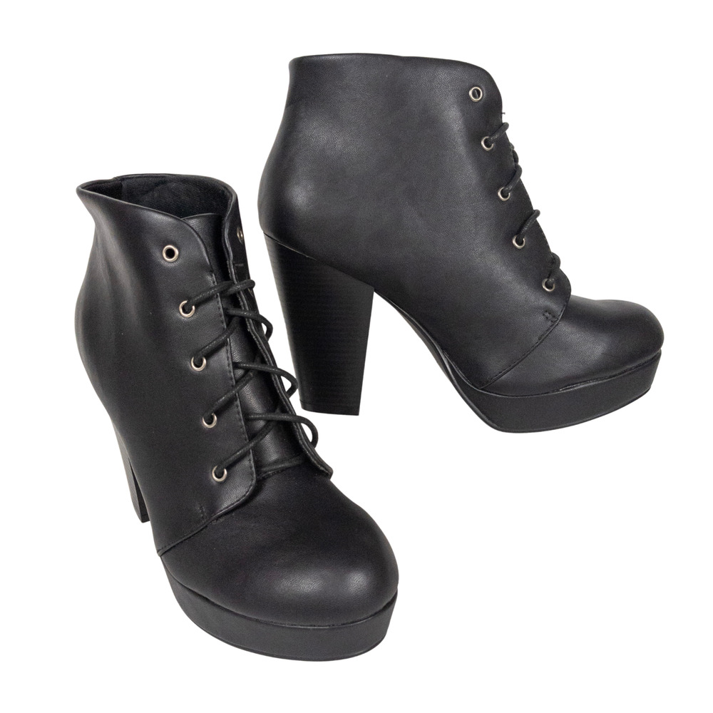 BONNIBEL Black Heeled Lace Up Platform Ankle Booties Faux Leather Women's 9